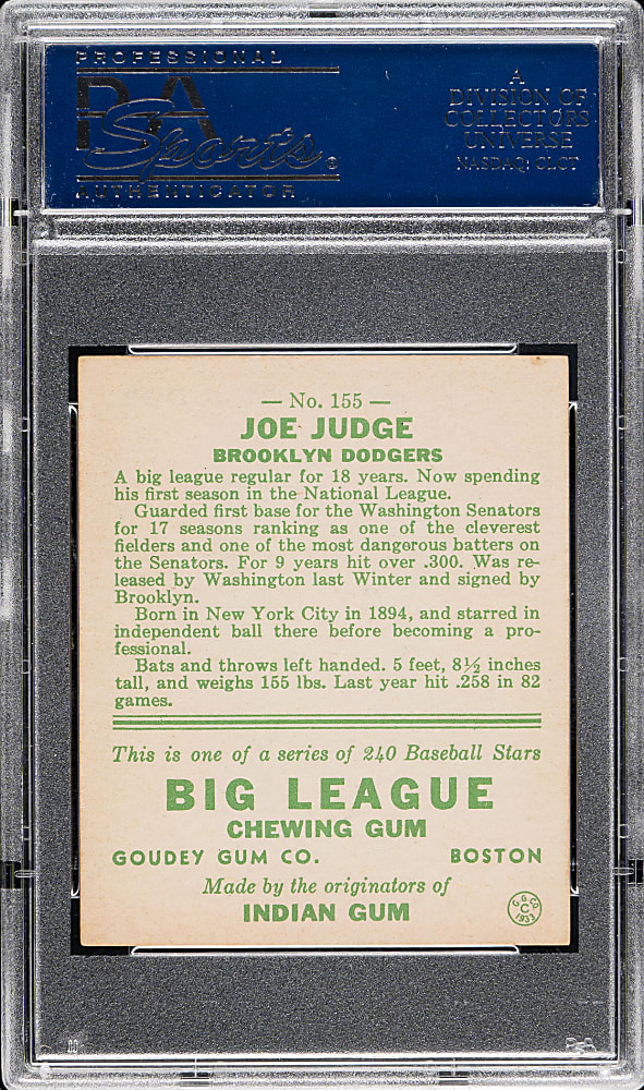 1933 R319 Goudey #155 Joe Judge PSA NM 7