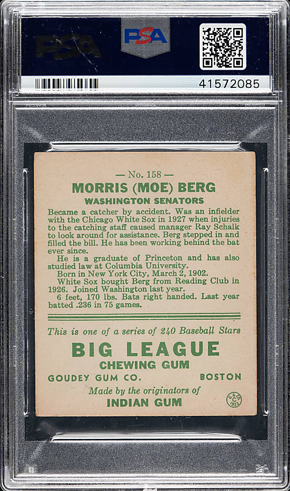1933 R319 Goudey #158 Moe Berg PSA EX 5