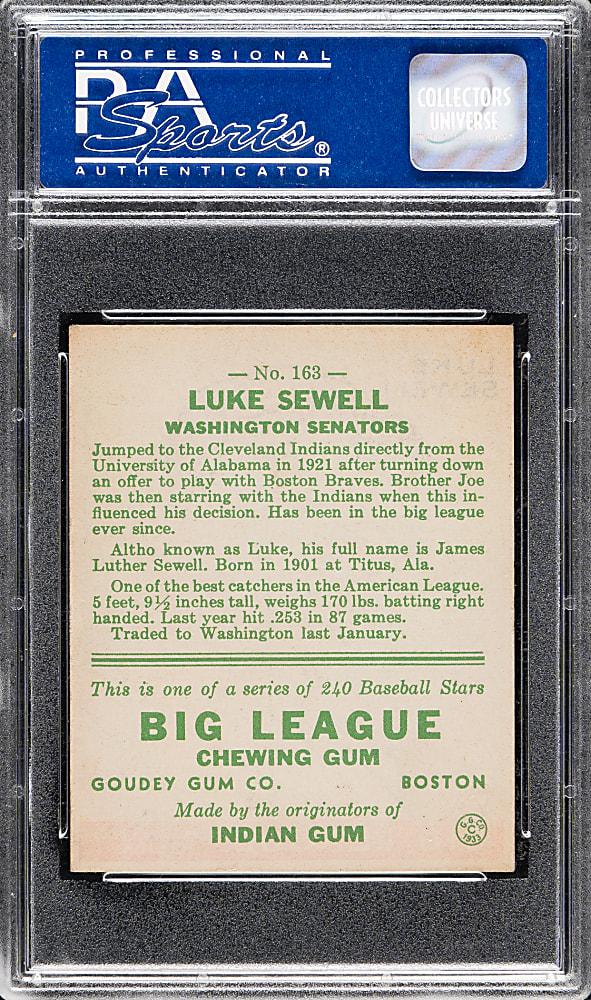 1933 R319 Goudey #163 Luke Sewell PSA NM 7