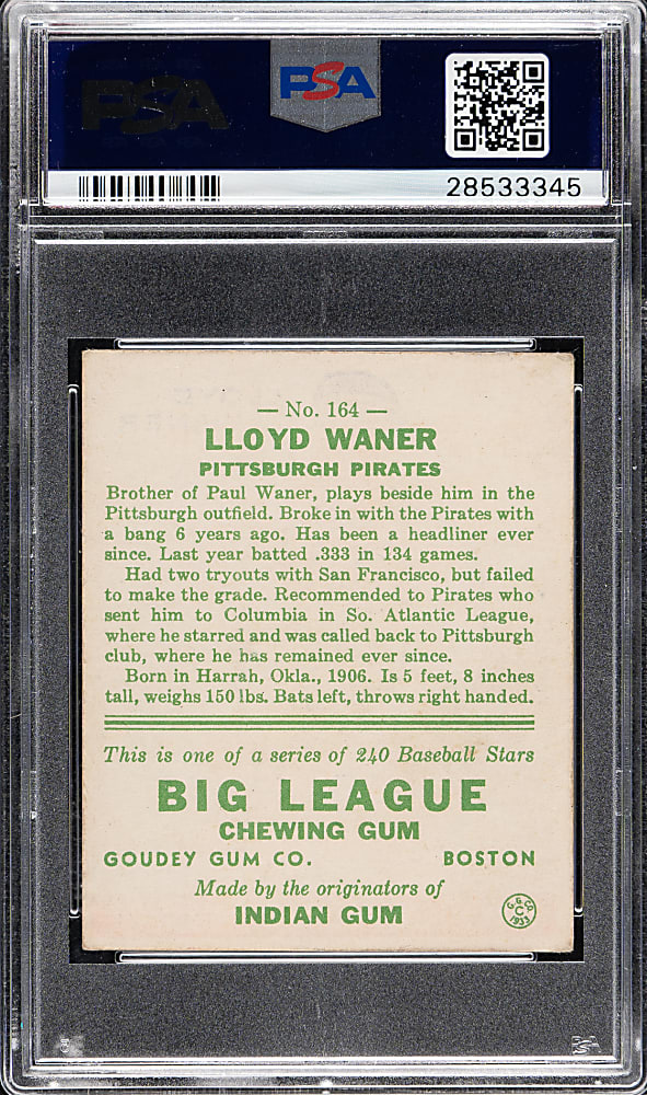 1933 R319 Goudey #164 Lloyd Waner PSA EX 5