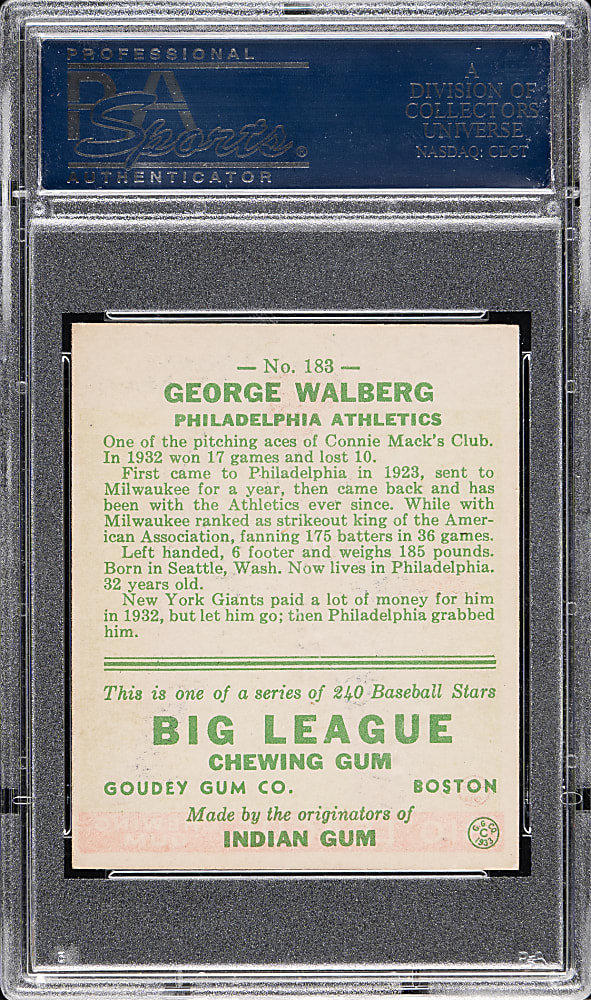 1933 R319 Goudey #183 Rube Walberg PSA NM 7