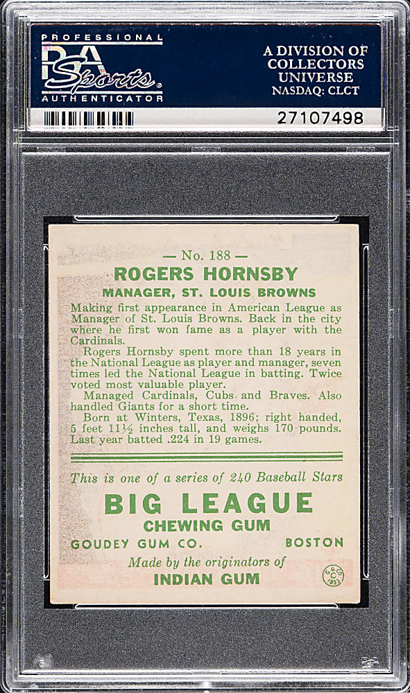 1933 R319 Goudey #188 Rogers Hornsby PSA EX 5