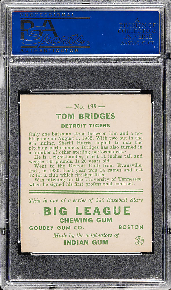 1933 R319 Goudey #199 Tom Bridges PSA NM 7