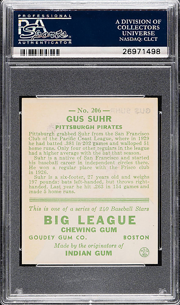 1933 R319 Goudey #206 Gus Suhr PSA NM 7