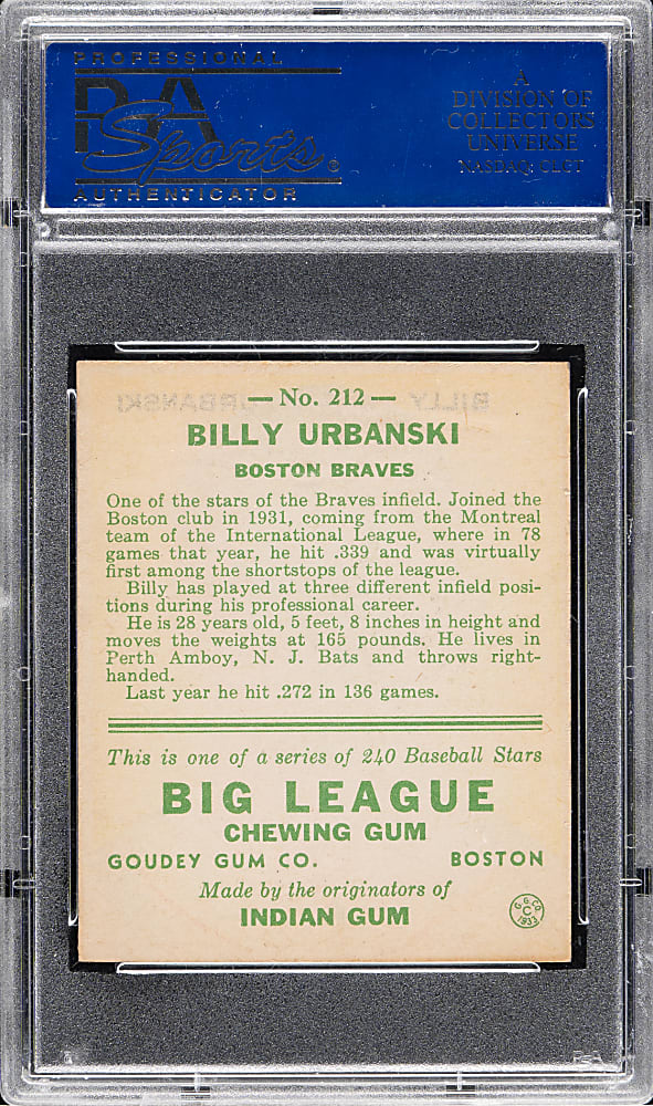 1933 R319 Goudey #212 Billy Urbanski PSA NM 7