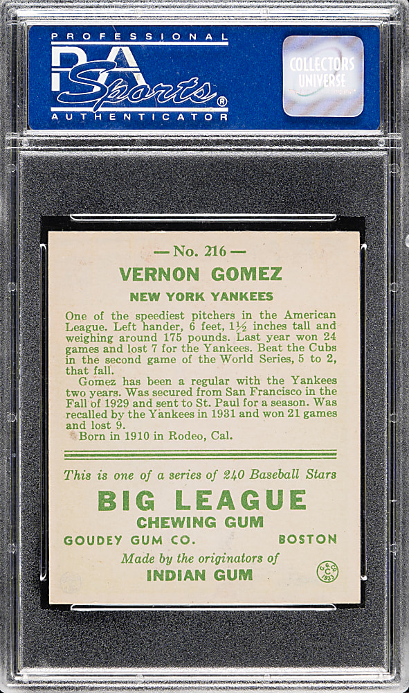 1933 R319 Goudey #216 Vernon Gomez PSA NM 7
