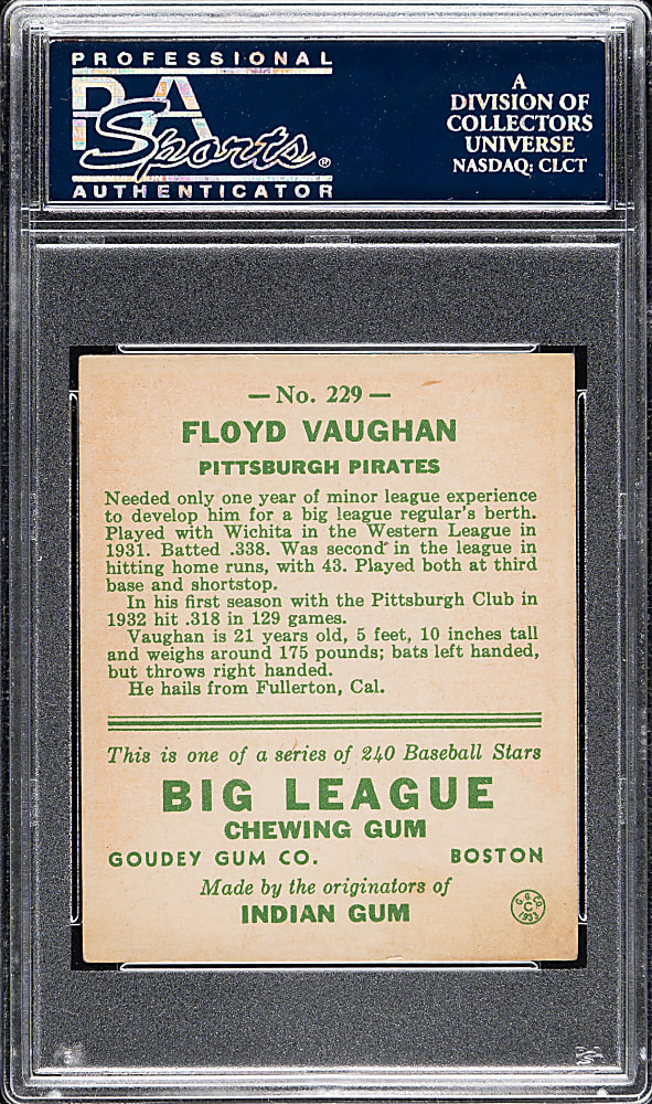 1933 R319 Goudey #229 Floyd "Arky" Vaughan PSA EX 5