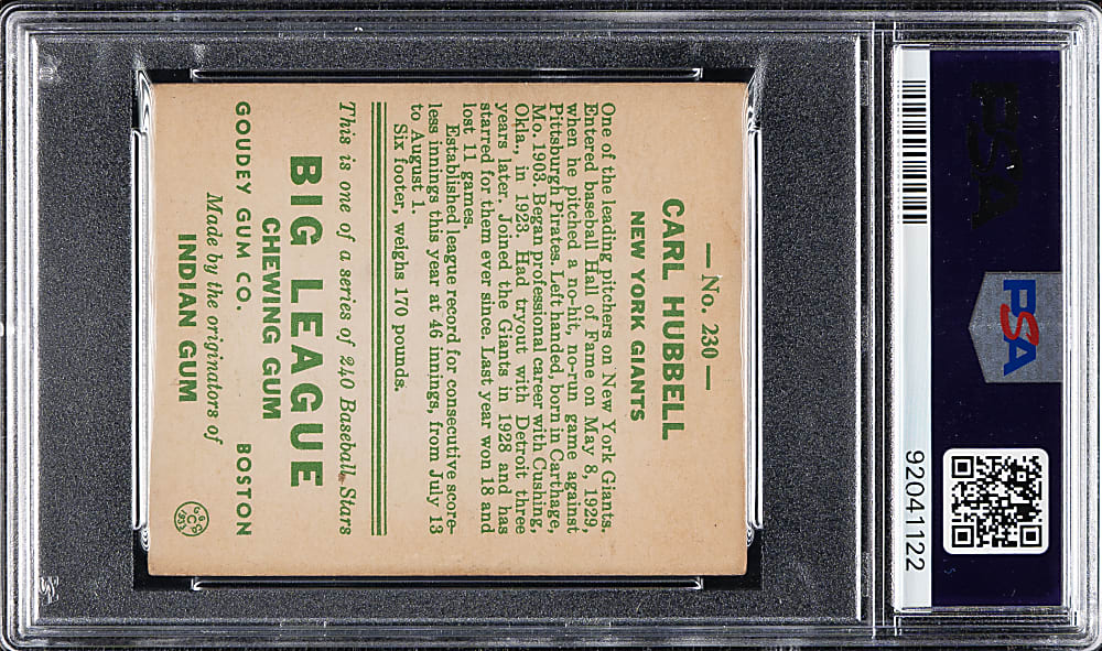 1933 R319 Goudey #230 Carl Hubbell PSA VG-EX 4