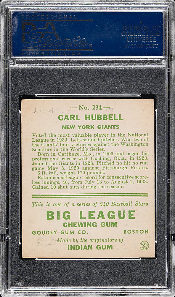 1933 R319 Goudey #234 Carl Hubbell PSA EX 5