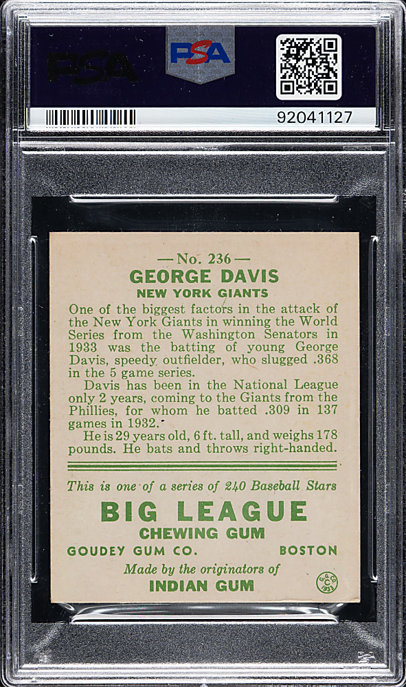 1933 R319 Goudey #236 George Davis PSA NM 7