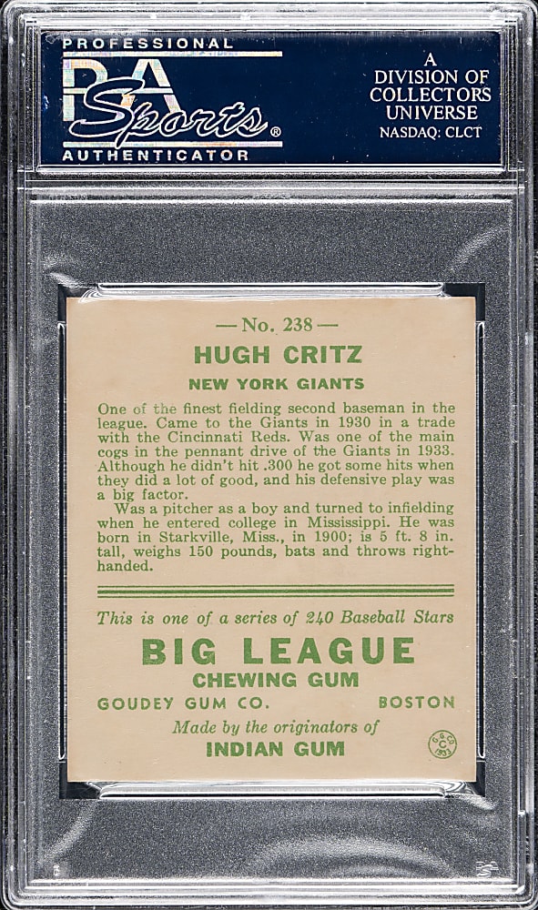 1933 R319 Goudey #238 Hugh Critz PSA NM 7