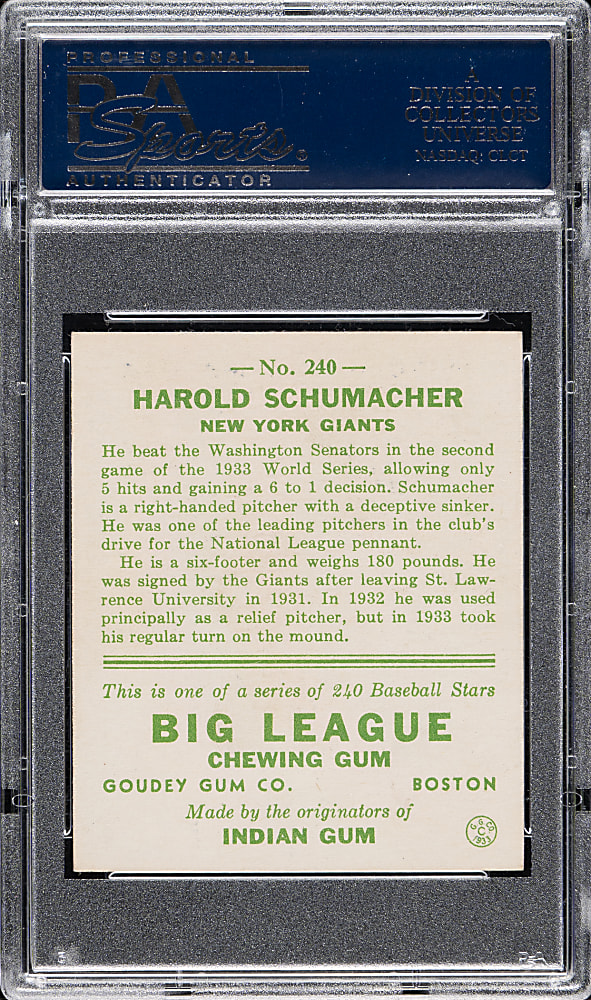 1933 R319 Goudey #240 Harold Schumacher PSA NM 7