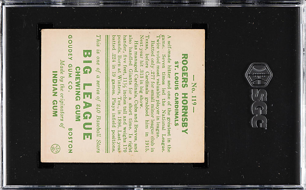 1933 R319 Goudey #119 Rogers Hornsby SGC VG/EX 4