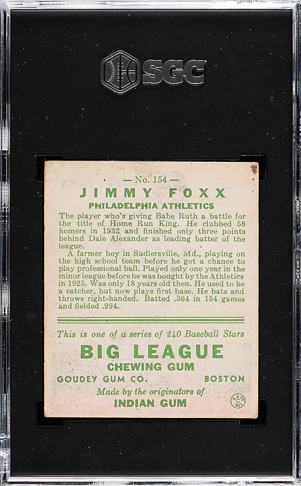 1933 R319 Goudey #154 Jimmie Foxx SGC VG 3