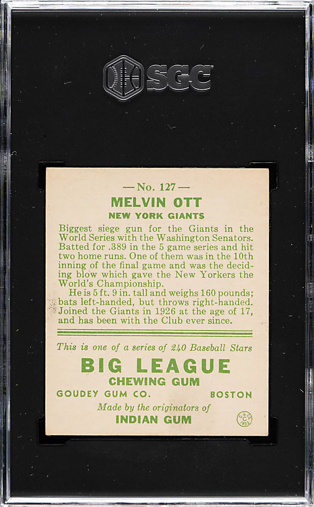 1933 R319 Goudey #127 Mel Ott SGC VG/EX 4