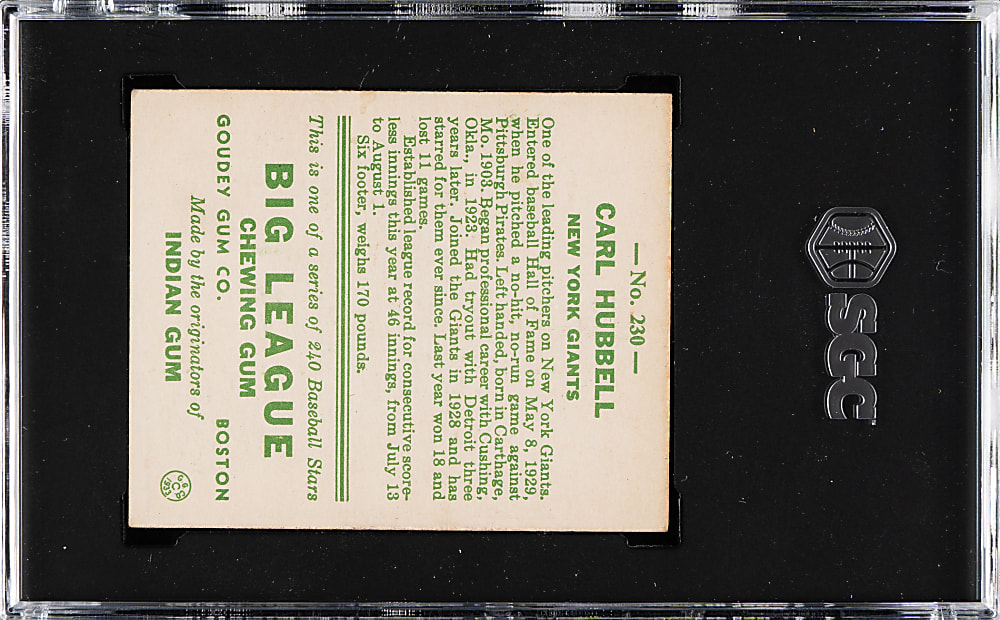 1933 R319 Goudey #230 Carl Hubbell SGC EX+ 5.5