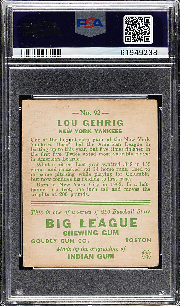1933 R319 Goudey #92 Lou Gehrig PSA VG 3