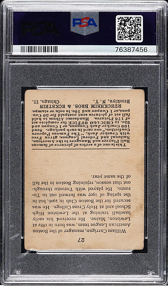1915 E145 Cracker Jack #27 William Carrigan PSA GOOD 2