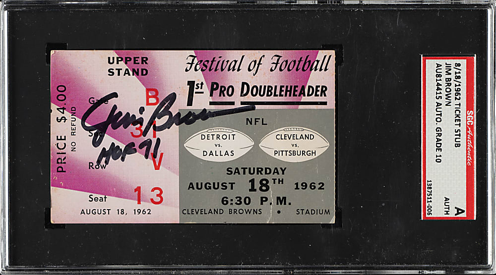 August 18, 1962 Festival of Football "1st Pro Doubleheader" Ticket Stub Signed by Jim Brown - SGC Authentic with GEM MINT 10 Signature