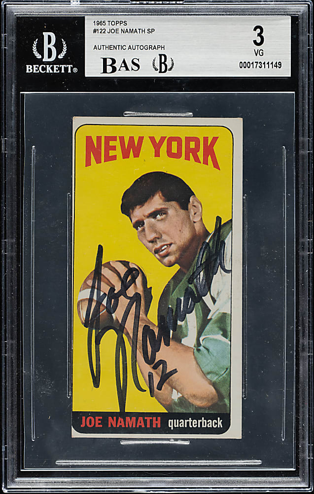 Signed 1965 Topps Football #122 Joe Namath Rookie Beckett VG 3 with NM-MT 8 Signature
