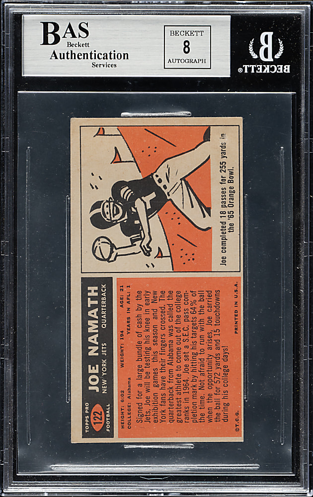Signed 1965 Topps Football #122 Joe Namath Rookie Beckett VG 3 with NM-MT 8 Signature