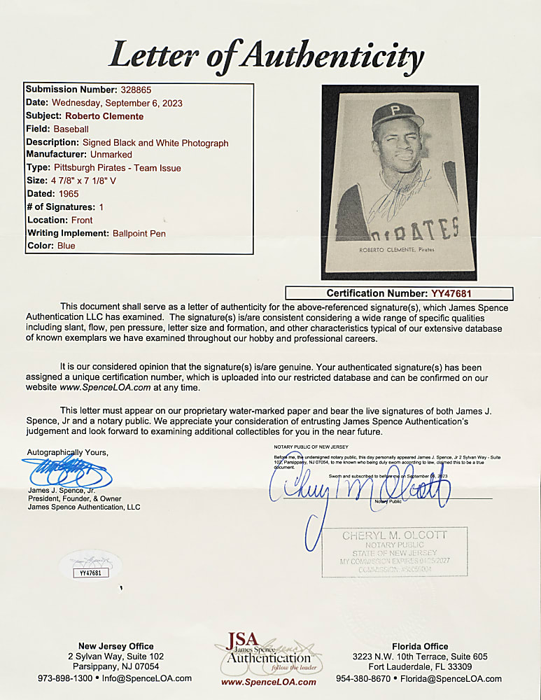 Signed 1965 Pittsburgh Pirates Picture Pack Roberto Clemente PSA GOOD+ 2.5 with MINT 9 Signature - The ONLY Graded Signed Example!