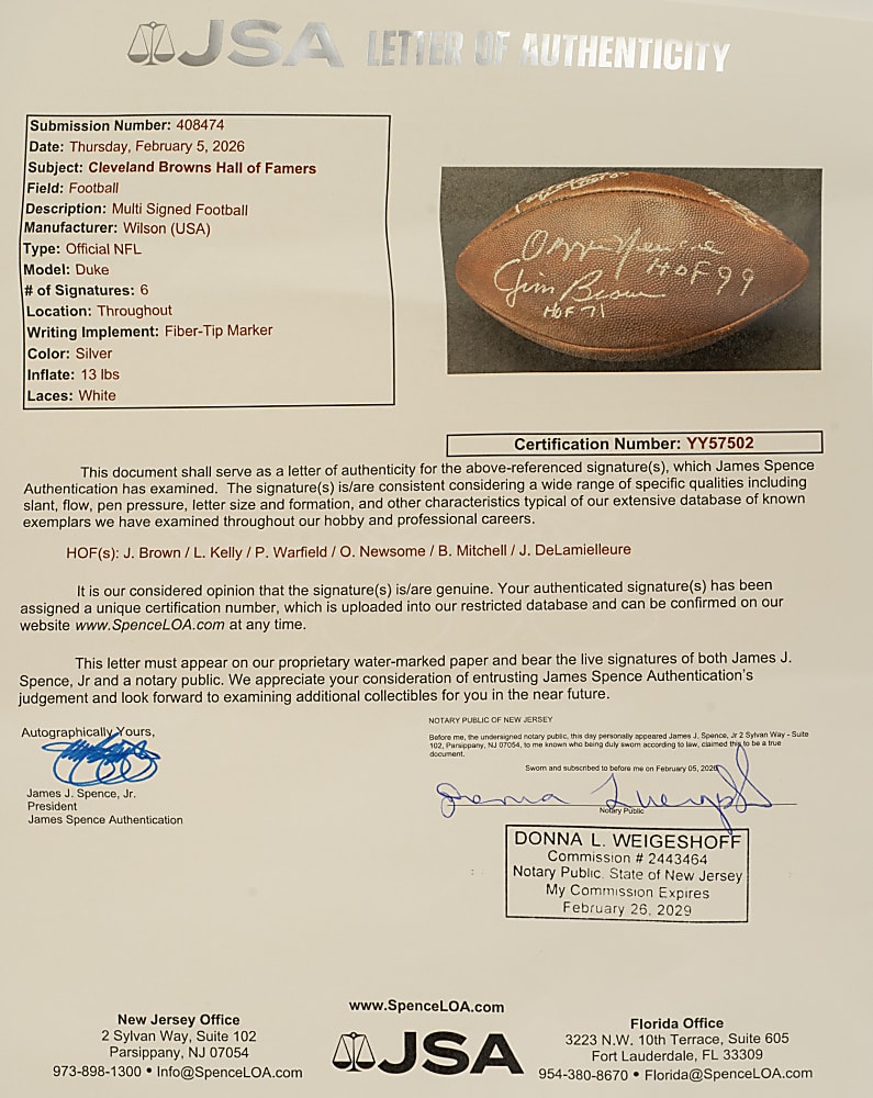 Cleveland Browns Hall of Famer Multi-Signed Football Including Jim Brown, Paul Warfield, and Leroy Kelly - JSA