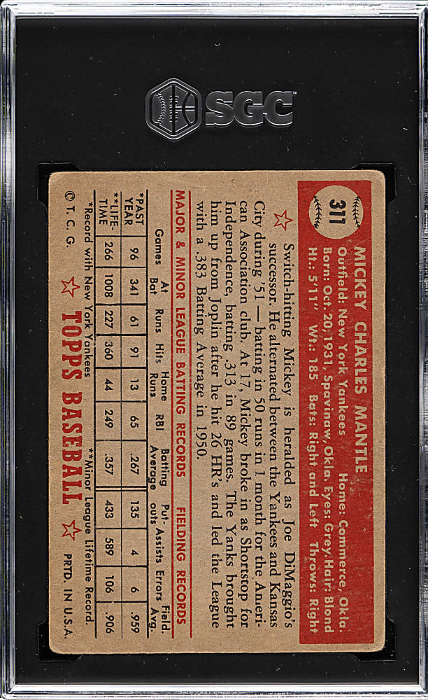 1952 Topps #311 Mickey Mantle SGC GOOD 2