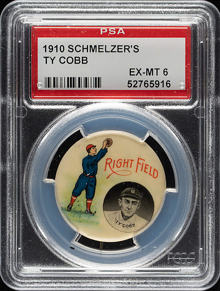 1915 Schmelzer's Sporting Goods Ty Cobb Advertising Pin PSA EX-MT 6