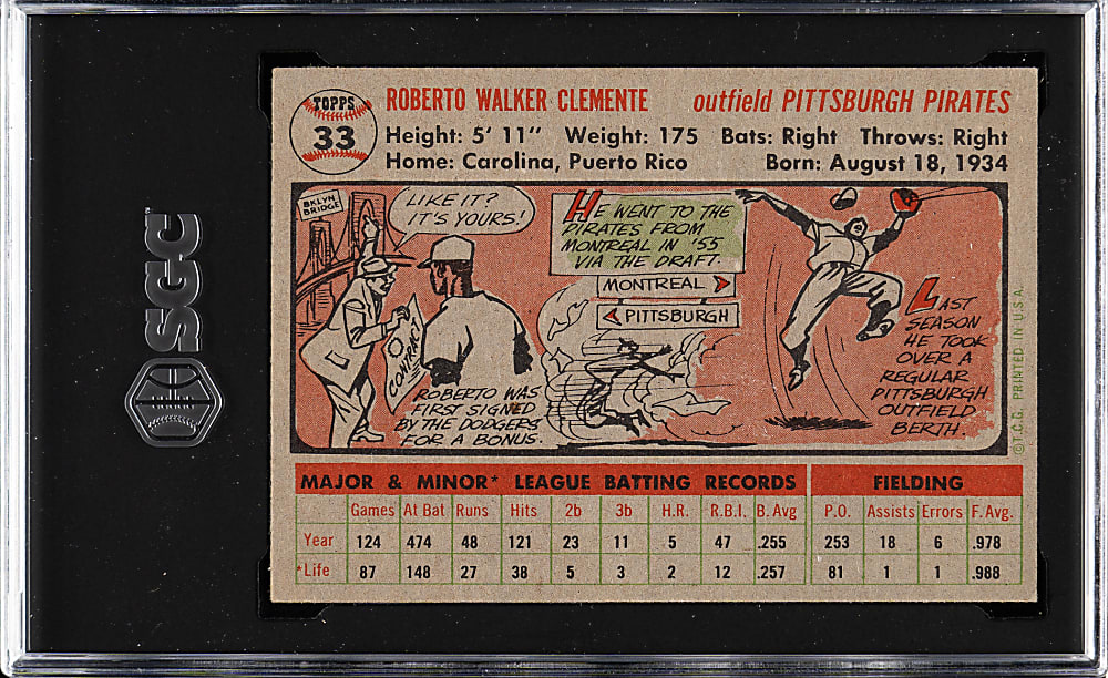 1956 Topps #33 Roberto Clemente Gray Back SGC NM 7