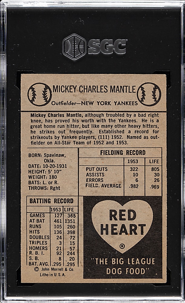 1954 Red Heart Dog Food Mickey Mantle SGC EX 5