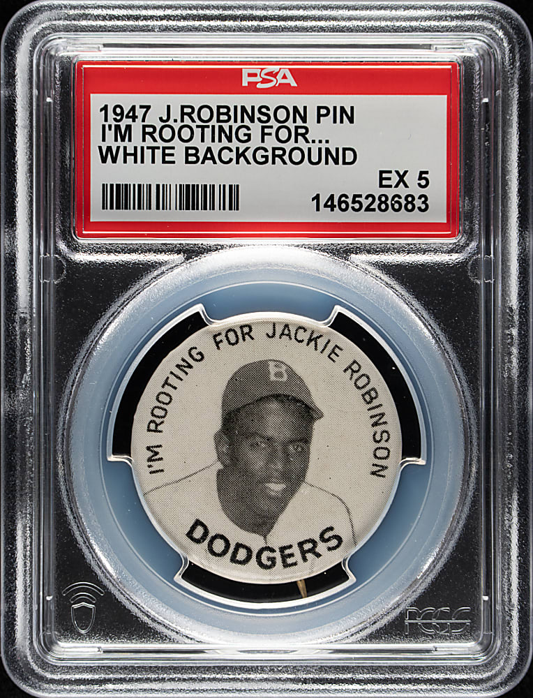 1947 I'm Rooting For Jackie Robinson White Background Pin PSA EX 5