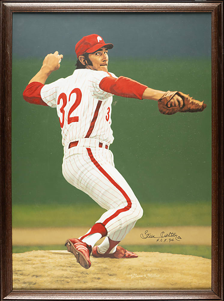 Steve Carlton Signed Original Painting by Arthur K. Miller