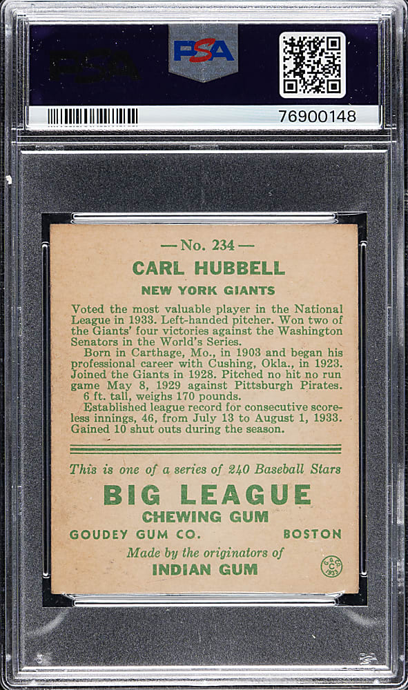 1933 R319 Goudey #234 Carl Hubbell PSA EX-MT 6