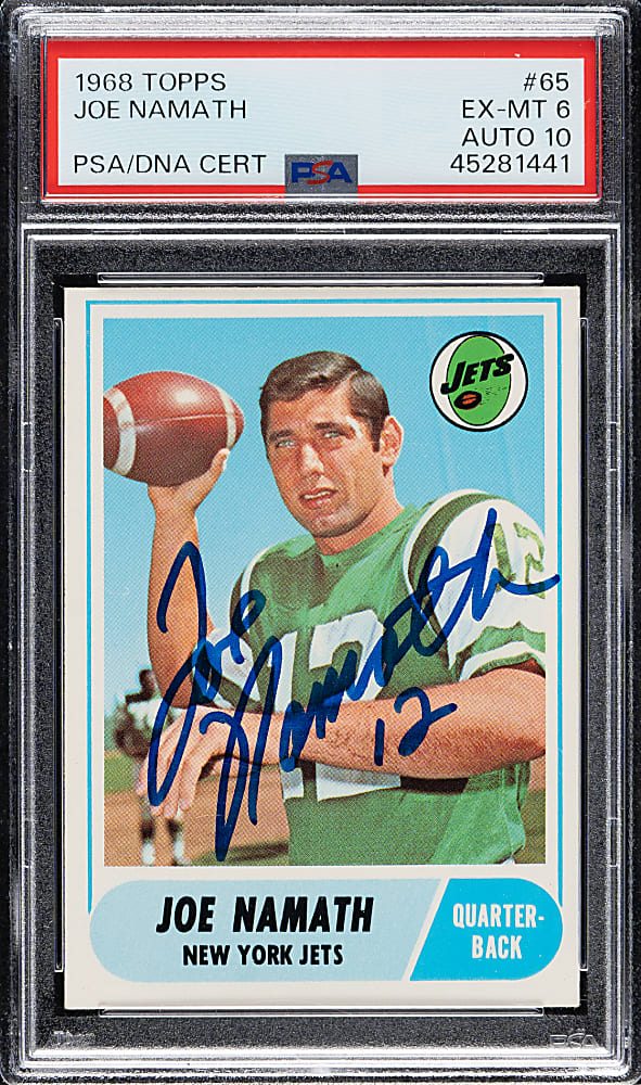 Signed 1968 Topps Football #65 Joe Namath PSA EX-MT 6 with GEM MINT 10 Signature