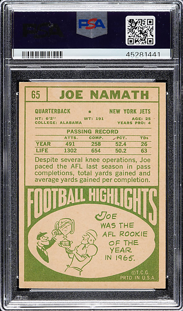 Signed 1968 Topps Football #65 Joe Namath PSA EX-MT 6 with GEM MINT 10 Signature