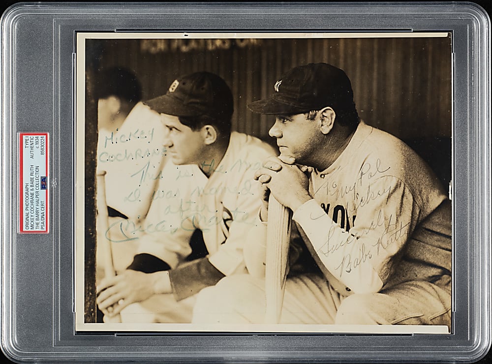 1934 Babe Ruth and Mickey Cochrane Original Photograph - Babe's 700th Career Home Run - PSA/DNA Type I - Signed and Inscribed by Ruth and Mickey Mantle (Ex-Barry Halper Collection)