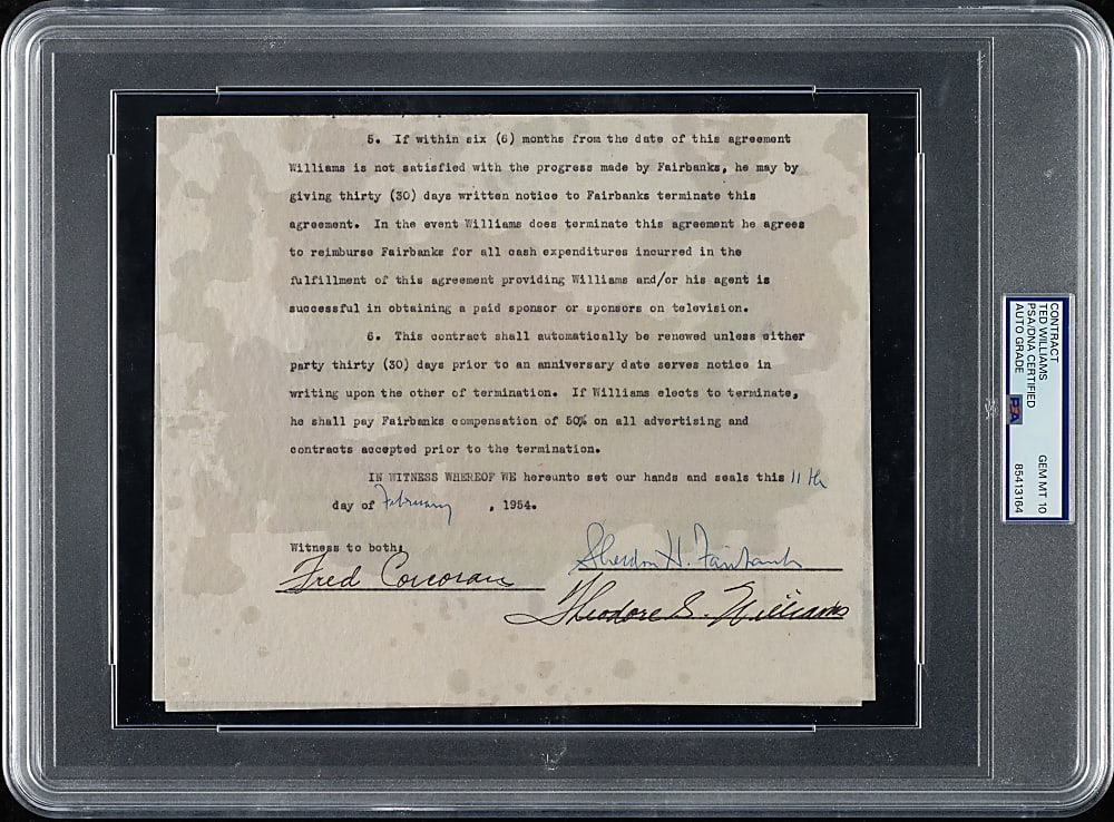 1954 Ted Williams Signed Contract PSA/DNA GEM MINT 10