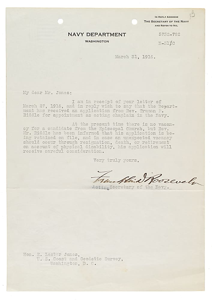 1916  Franklin D. Roosevelt Signed Letter - Beckett