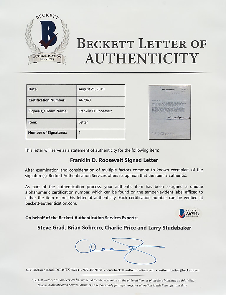 1916  Franklin D. Roosevelt Signed Letter - Beckett