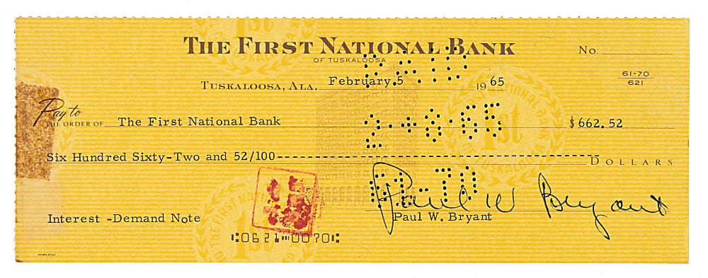 1965 Paul Bear Bryant Signed Check - JSA