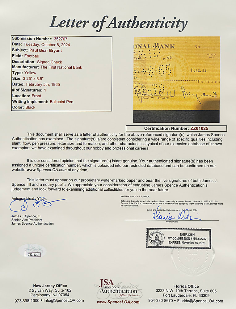 1965 Paul Bear Bryant Signed Check - JSA