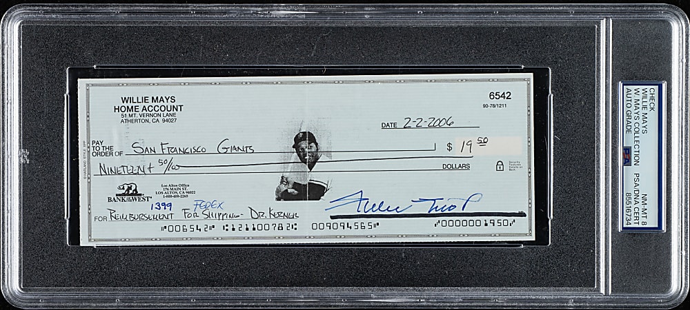 2006 Willie Mays Signed Check PSA/DNA NM-MT 8