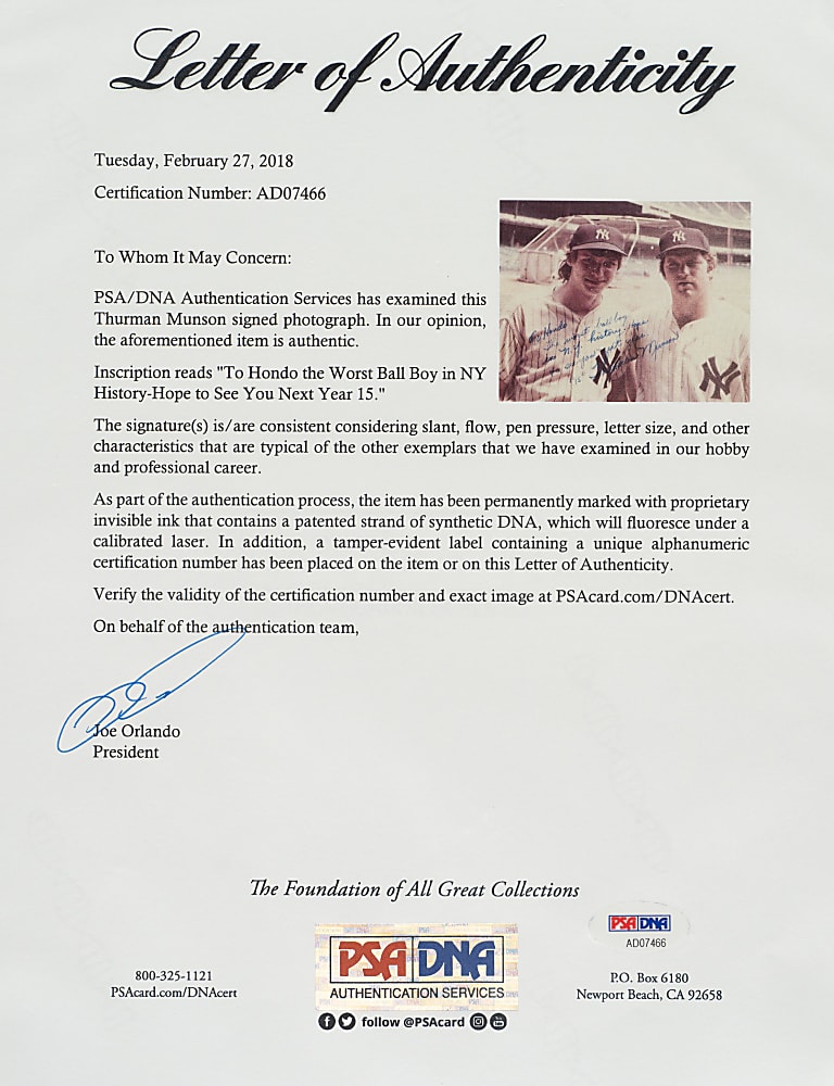 Thurman Munson Signed Photograph with #15 Notation and Outstanding Provenance - PSA/DNA GEM MINT 10 and Beckett