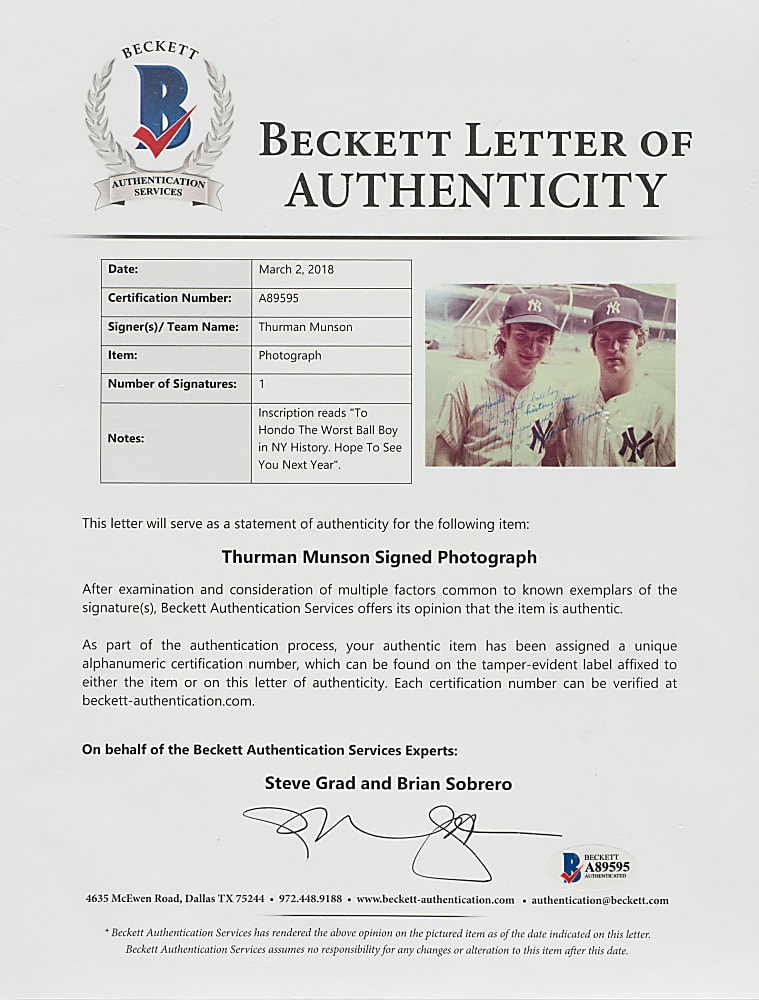 Thurman Munson Signed Photograph with #15 Notation and Outstanding Provenance - PSA/DNA GEM MINT 10 and Beckett