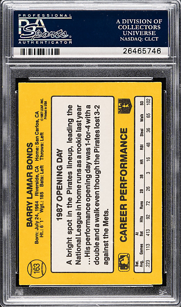 1987 Donruss Opening Day #163 Barry Bonds Rookie PSA MINT 9 - Johnny Ray Error!