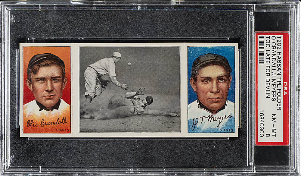 1912 T202 Hassan Triple Folder "Too Late For Devlin" Crandall/Meyers PSA NM-MT 8 - 1 of 3 - Highest Graded!