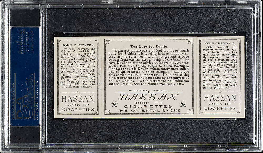 1912 T202 Hassan Triple Folder "Too Late For Devlin" Crandall/Meyers PSA NM-MT 8 - 1 of 3 - Highest Graded!