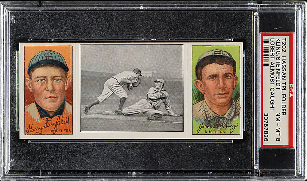 1912 T202 Hassan Triple Folder "Lobert Almost Caught" Kling/Steinfeldt PSA NM-MT 8 - Highest Graded!