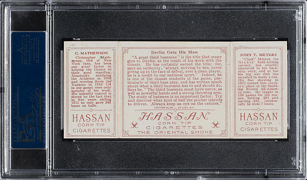 1912 T202 Hassan Triple Folder "Devlin Gets His Man" Christy Mathewson/Meyers PSA NM 7